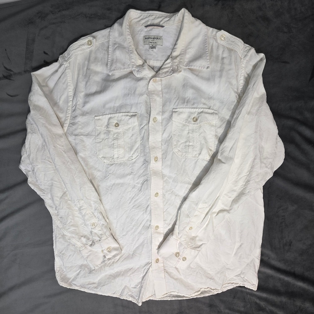 Banana Republic Mens XL White Linen Blend Epaulet Safari Button Down Shirt